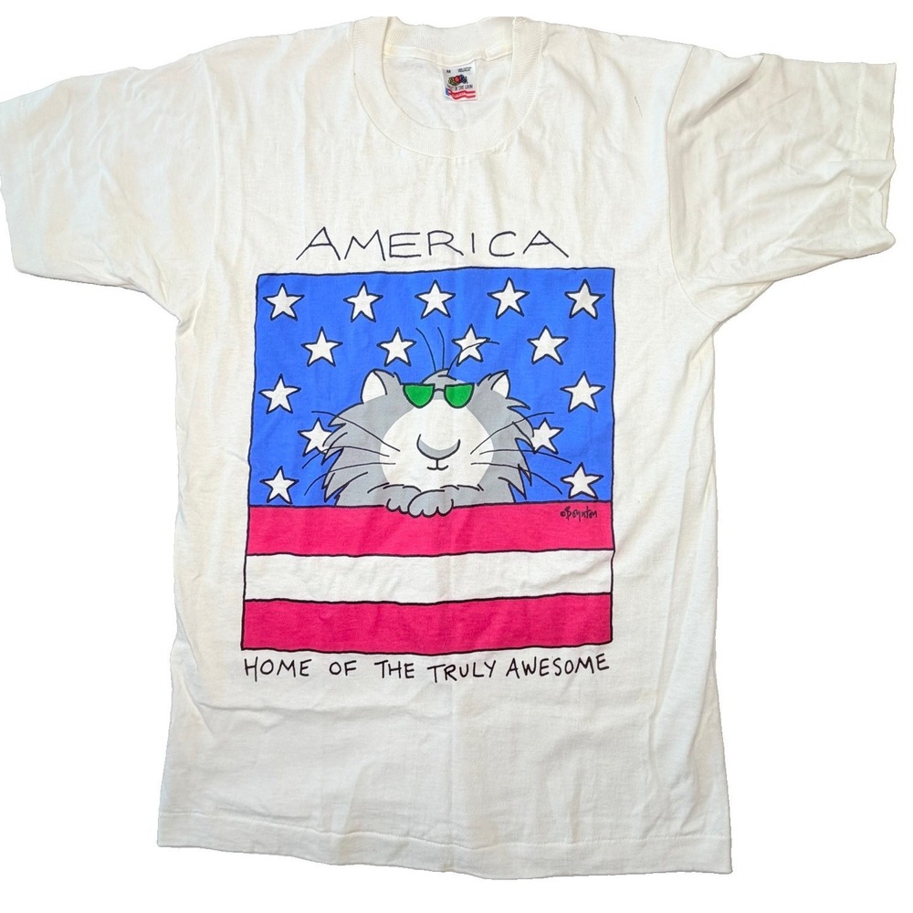 Vintage 80s Sandra Boynton America Cat T Shirt Mens M USA Single Stitch